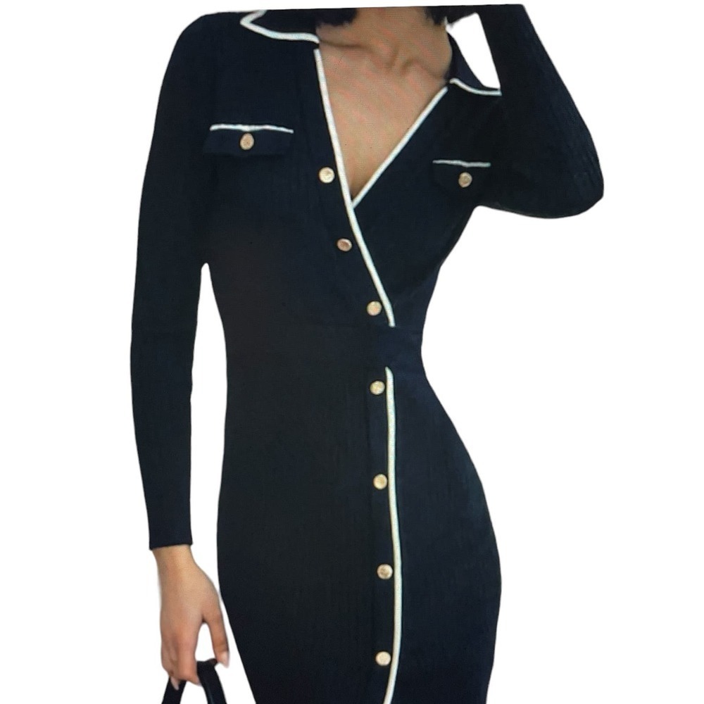 Midi Knit Dress Contrast Trim Wrap faux button trim stretch Black Small or 4
